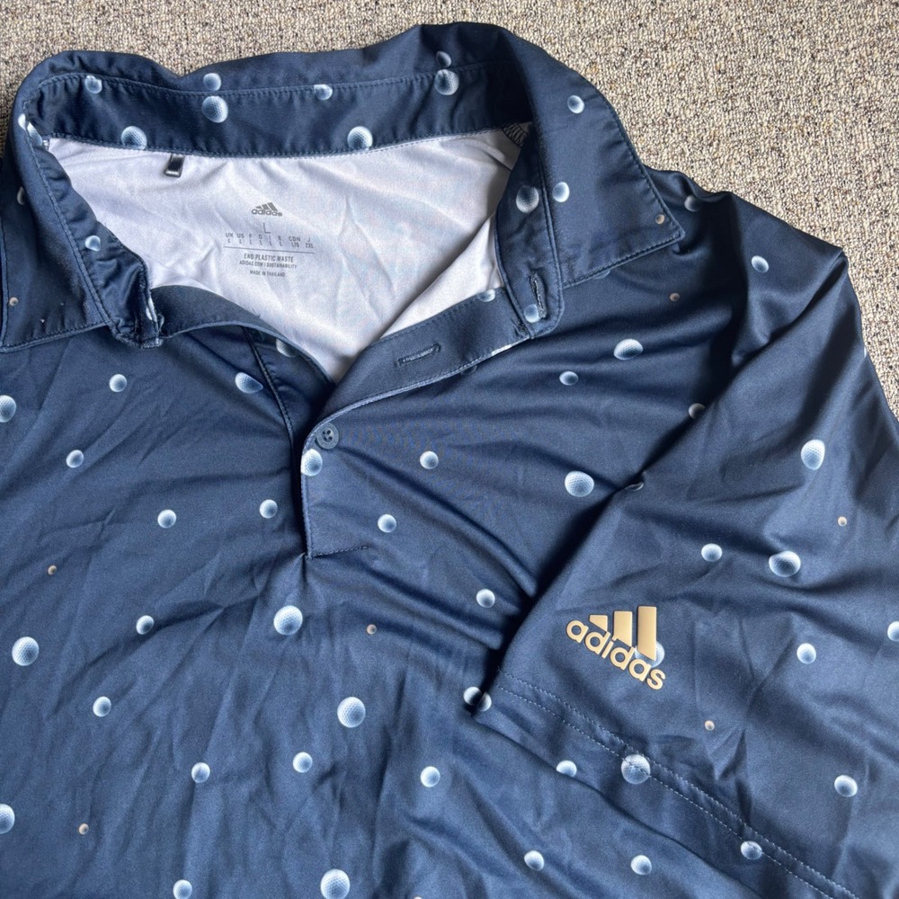 Adidas Golf Polo Mens L Blue Golf Ball Print Performance Short Sleeve Stretch